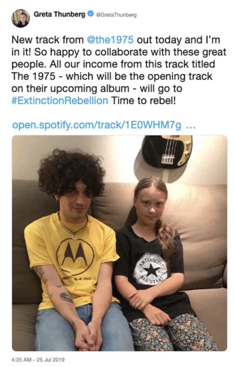 Greta Thunbergs Twitter-inlägg om 1975s låt. Greta Thunbergs Twitter-inlägg om 1975s låt.